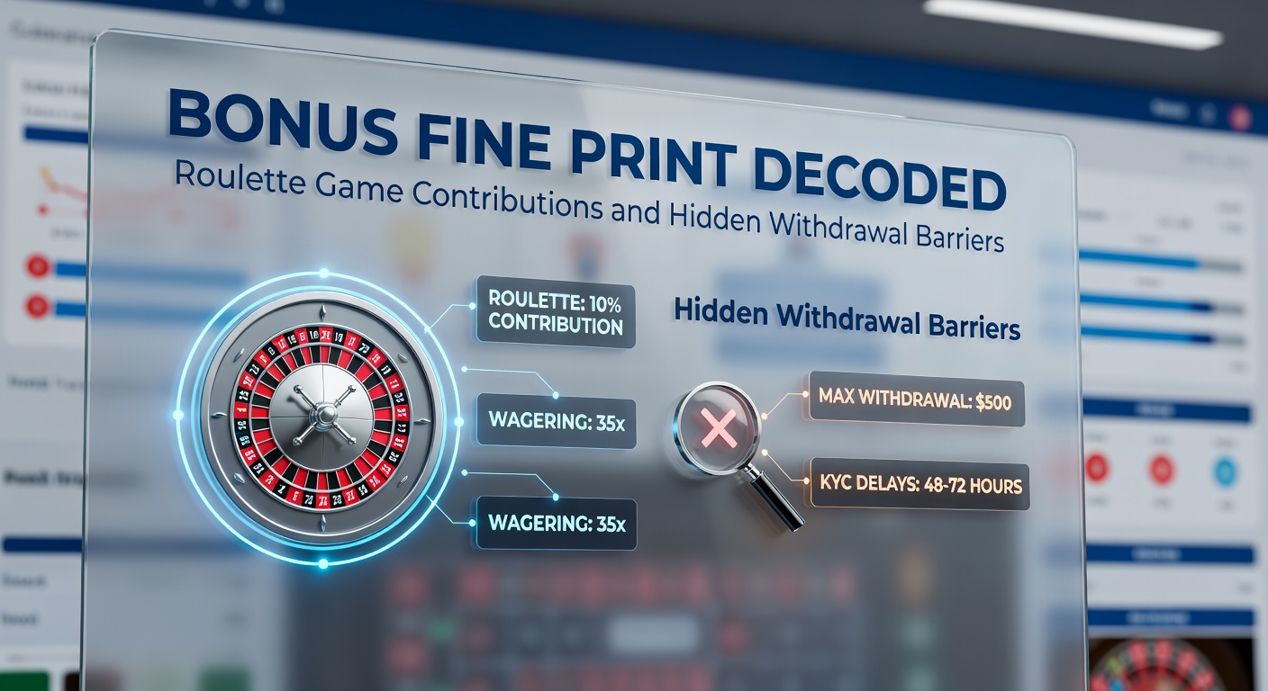 Close-up of roulette wheel spinning with overlaid bonus terms and conditions document, highlighting wagering percentages and withdrawal clauses