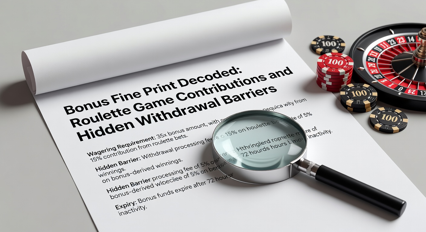 Infographic breaking down bonus fine print layers, with pie charts on roulette contributions versus slots and icons representing withdrawal hurdles like locks and timers