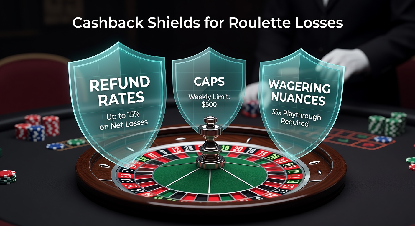 Graphic of a roulette wheel protected by a glowing cashback shield, highlighting loss protection features