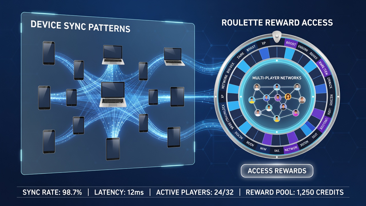 Illustration of synchronized mobile and desktop interfaces displaying live roulette reward progress