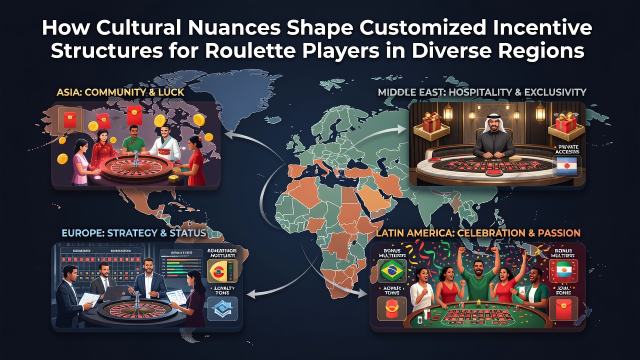 Roulette wheel surrounded by cultural symbols from Asia, Europe, and the Americas illustrating regional incentive variations