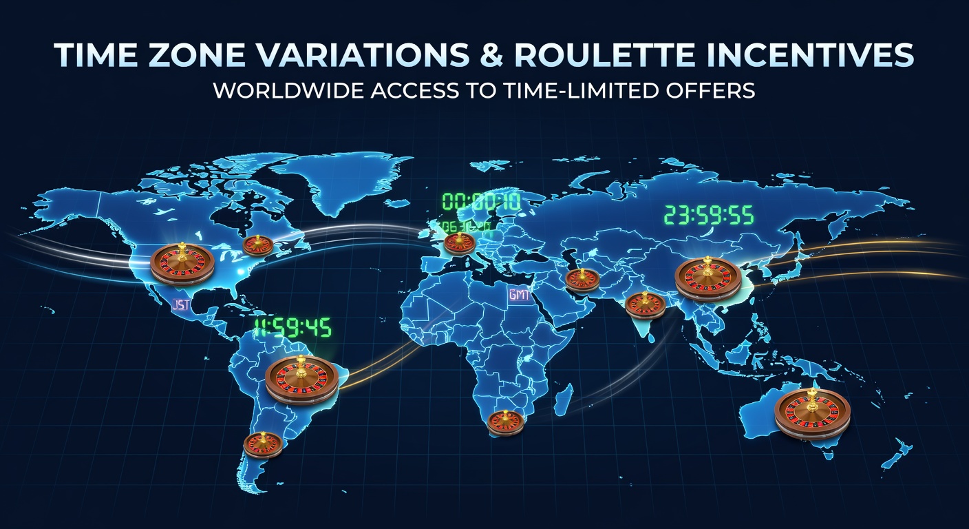 World map illustrating time zones overlaid with major online roulette casino server locations and incentive timing markers