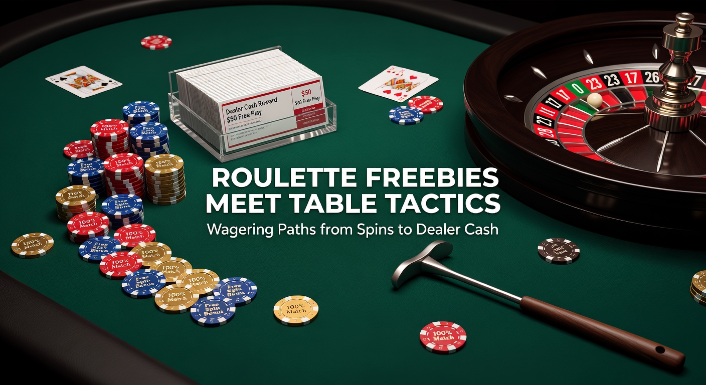 Vibrant roulette table with free spin tokens scattered alongside betting chips, illustrating the fusion of promotions and strategic plays
