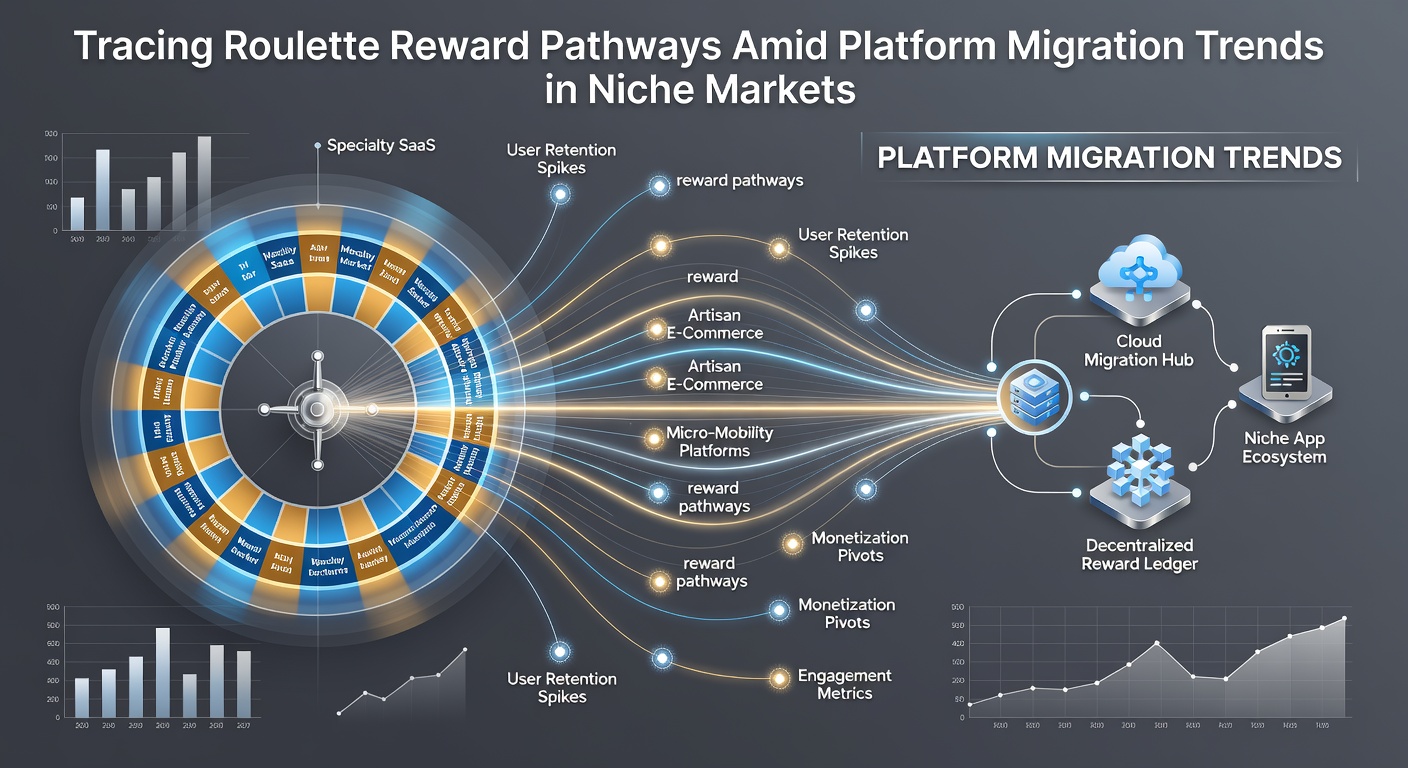 Roulette wheel overlaid with platform migration arrows and reward tracking pathways in niche gaming environments